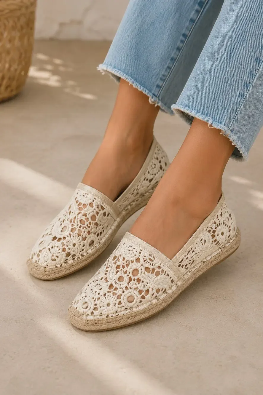 Tory Burch Cream Lace Slip On Espadrille Flats Women’s 10 Crochet Boho Shoes